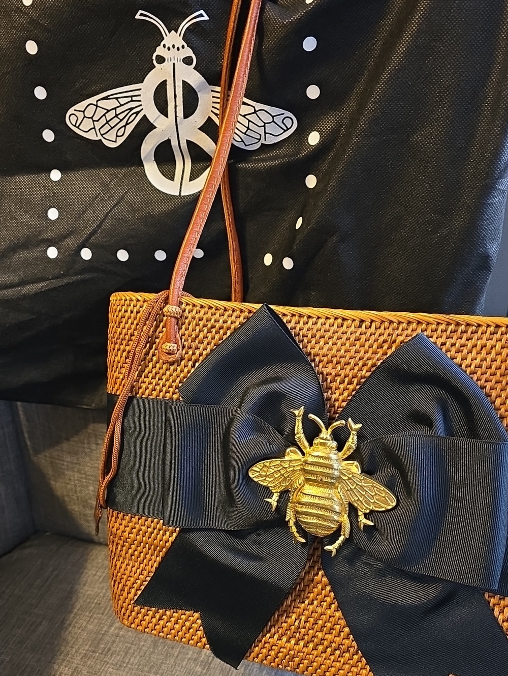 Woven Brown Straw Tote with Black Bow & Gold Bee Accent
